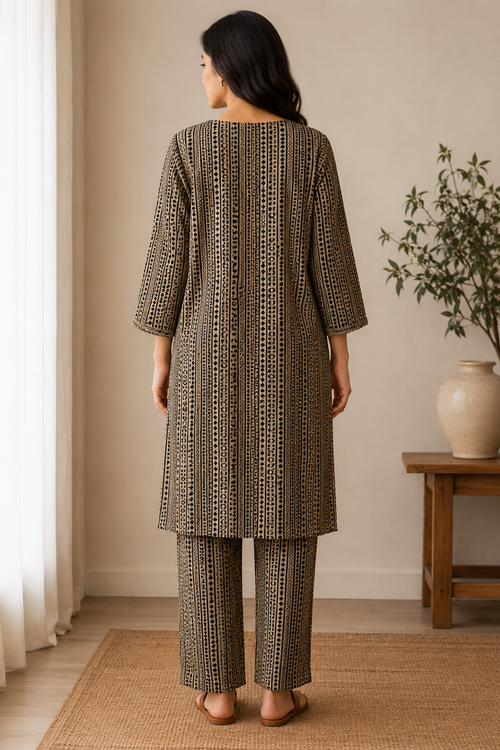 Black & Beige Printed Lawn 3 Piece Suit