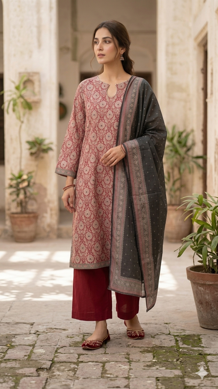 Dusty Rose Printed 3 Piece Lawn Suit