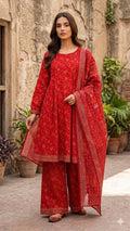 Red Floral Printed 3-Piece Frock Suit