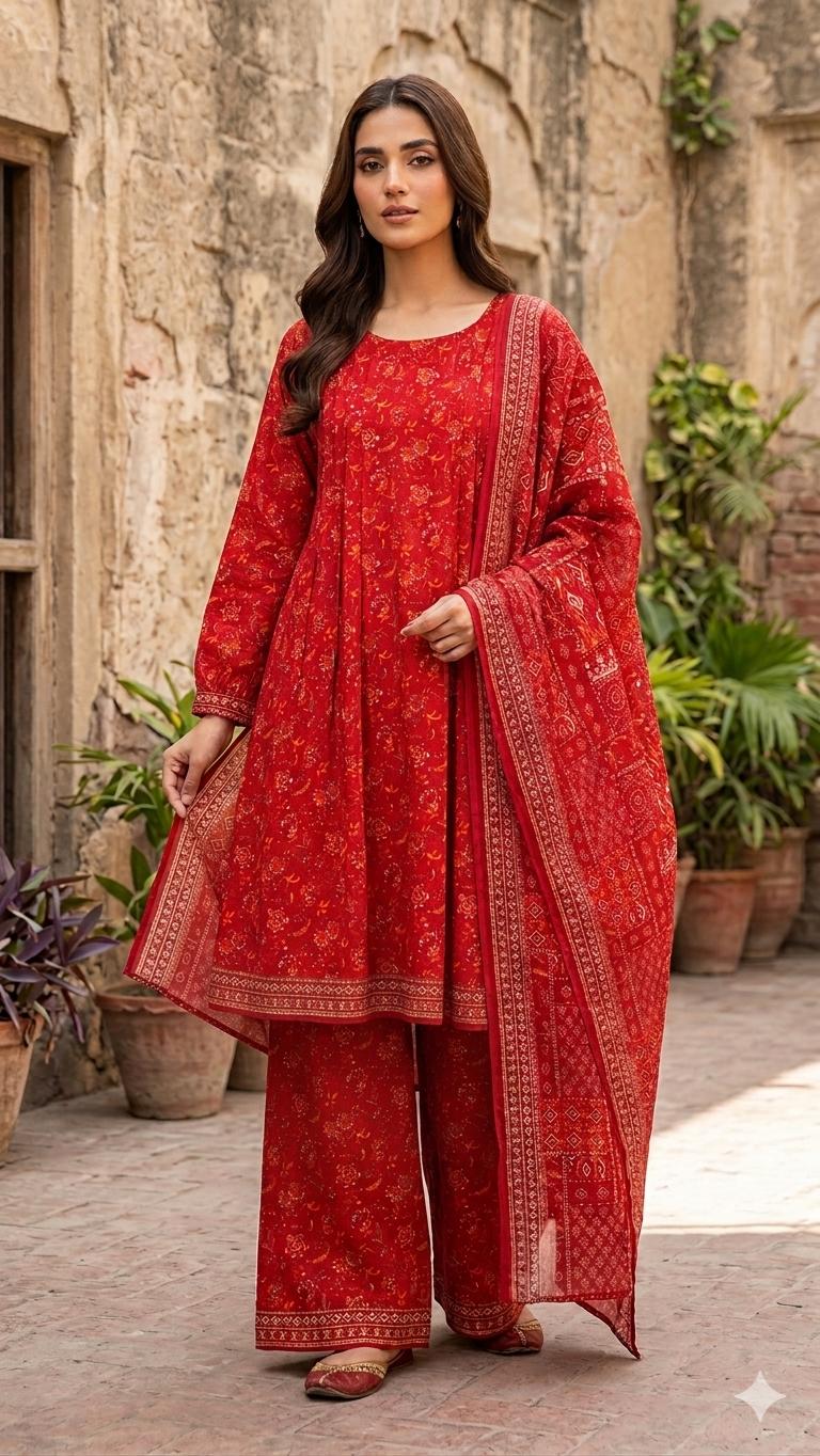 Red Floral Printed 3-Piece Frock Suit