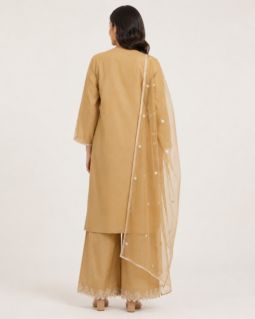 Camel Beige Embroidered 3 Piece Suit