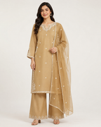 Camel Beige Embroidered 3 Piece Suit