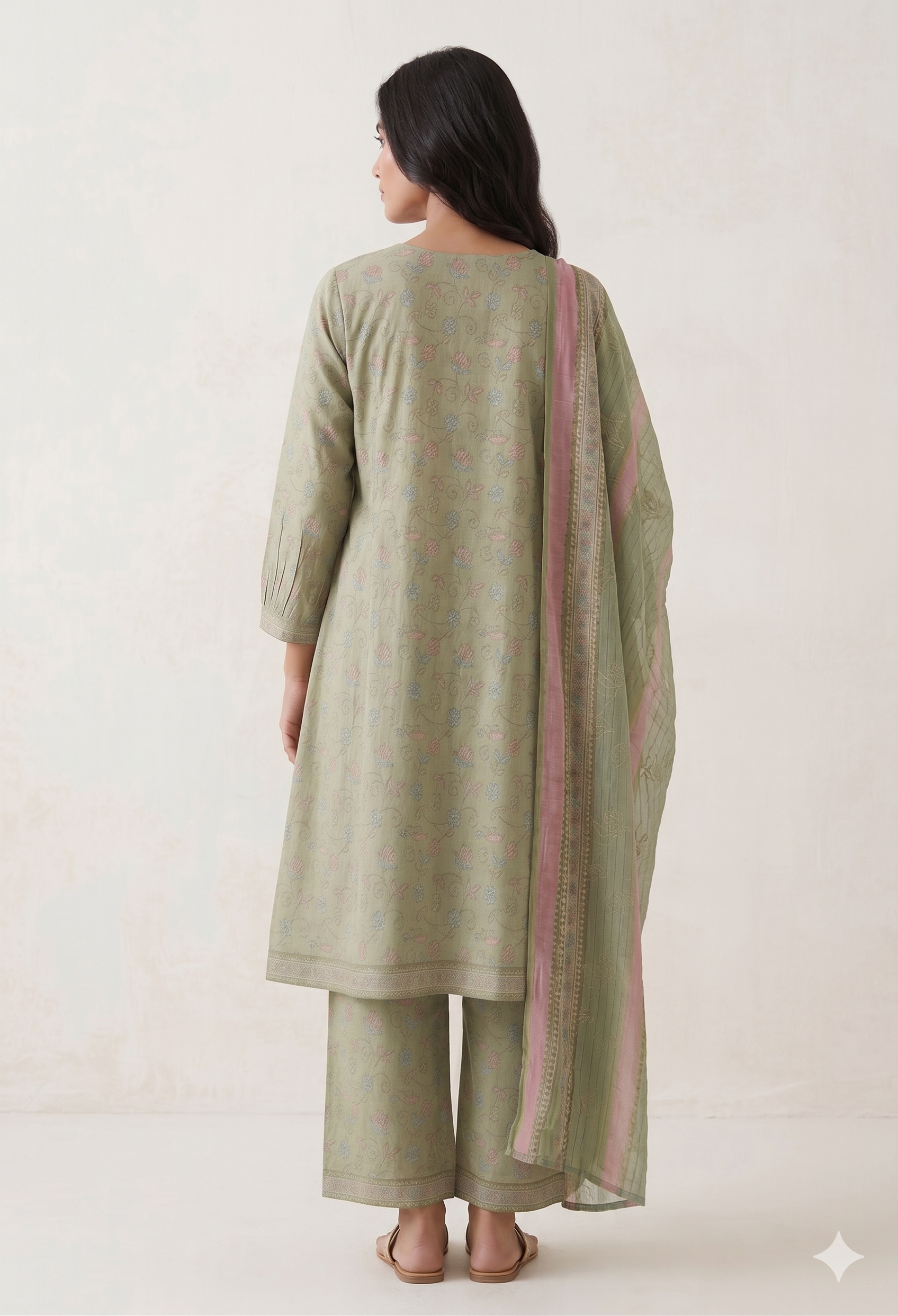 Sage Green Printed Frock 3 Piece Lawn Suit