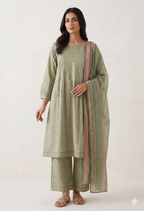 Sage Green Printed Frock 3 Piece Lawn Suit