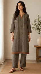 Black & Beige Printed Lawn 3 Piece Suit