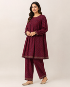 Maroon Printed 3 Piece Lawn Frock Suit