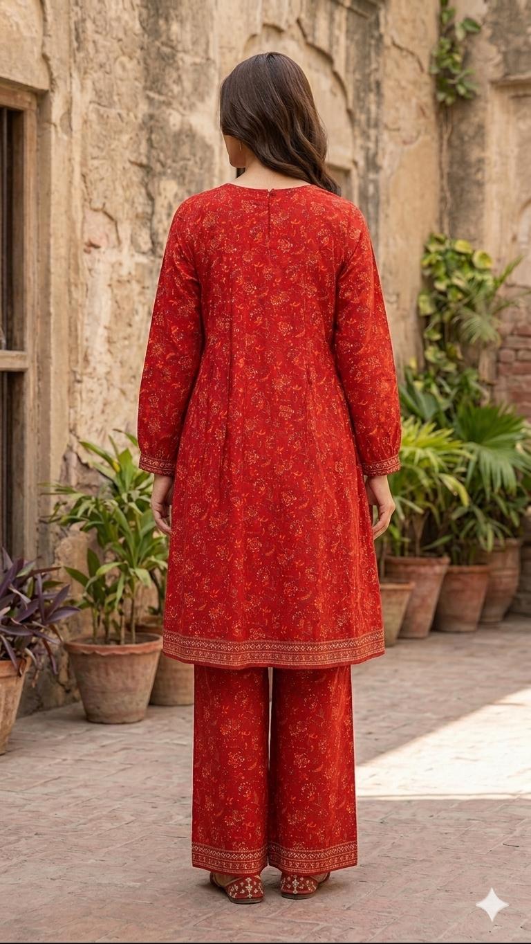 Red Floral Printed 3-Piece Frock Suit