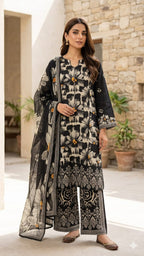 Black & Beige Floral 3-Piece Lawn Suit