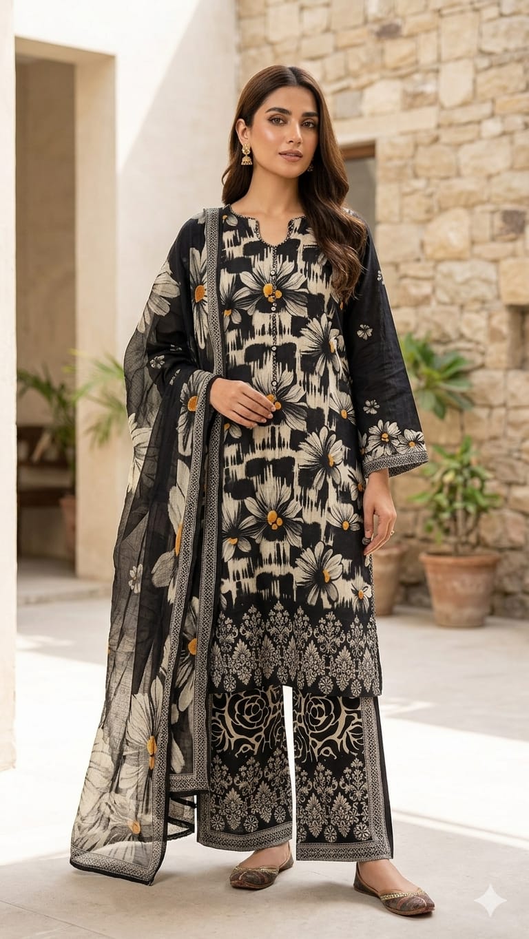 Black & Beige Floral 3-Piece Lawn Suit