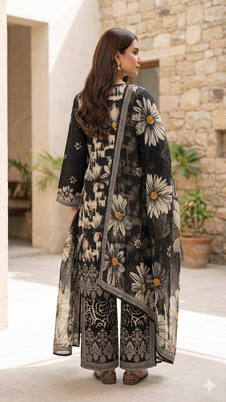 Black & Beige Floral 3-Piece Lawn Suit