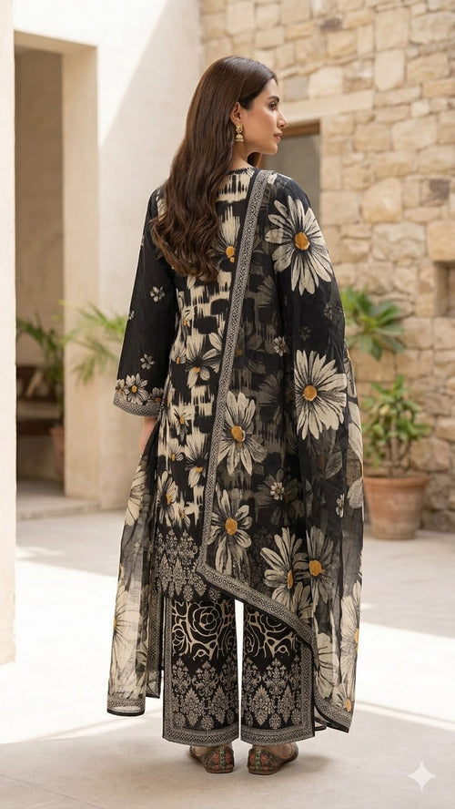 Black & Beige Floral 3-Piece Lawn Suit