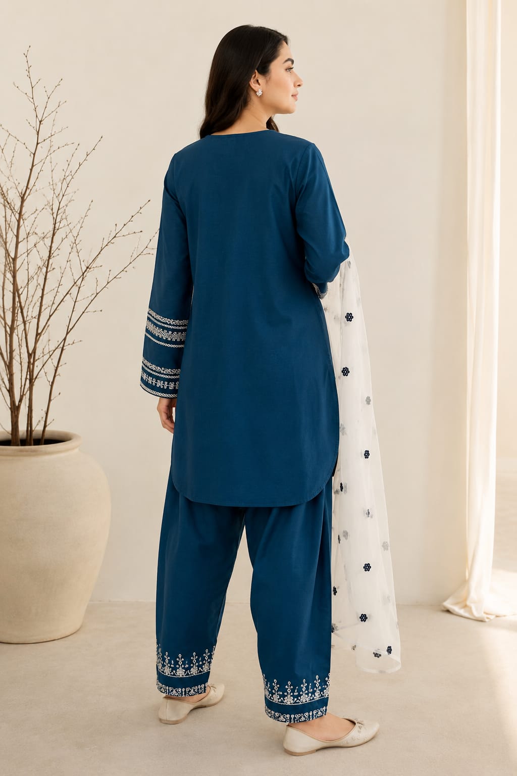 Teal Blue Embroidered 3-Piece Suit