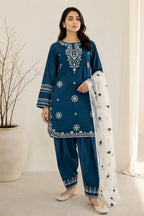 Teal Blue Embroidered 3-Piece Suit