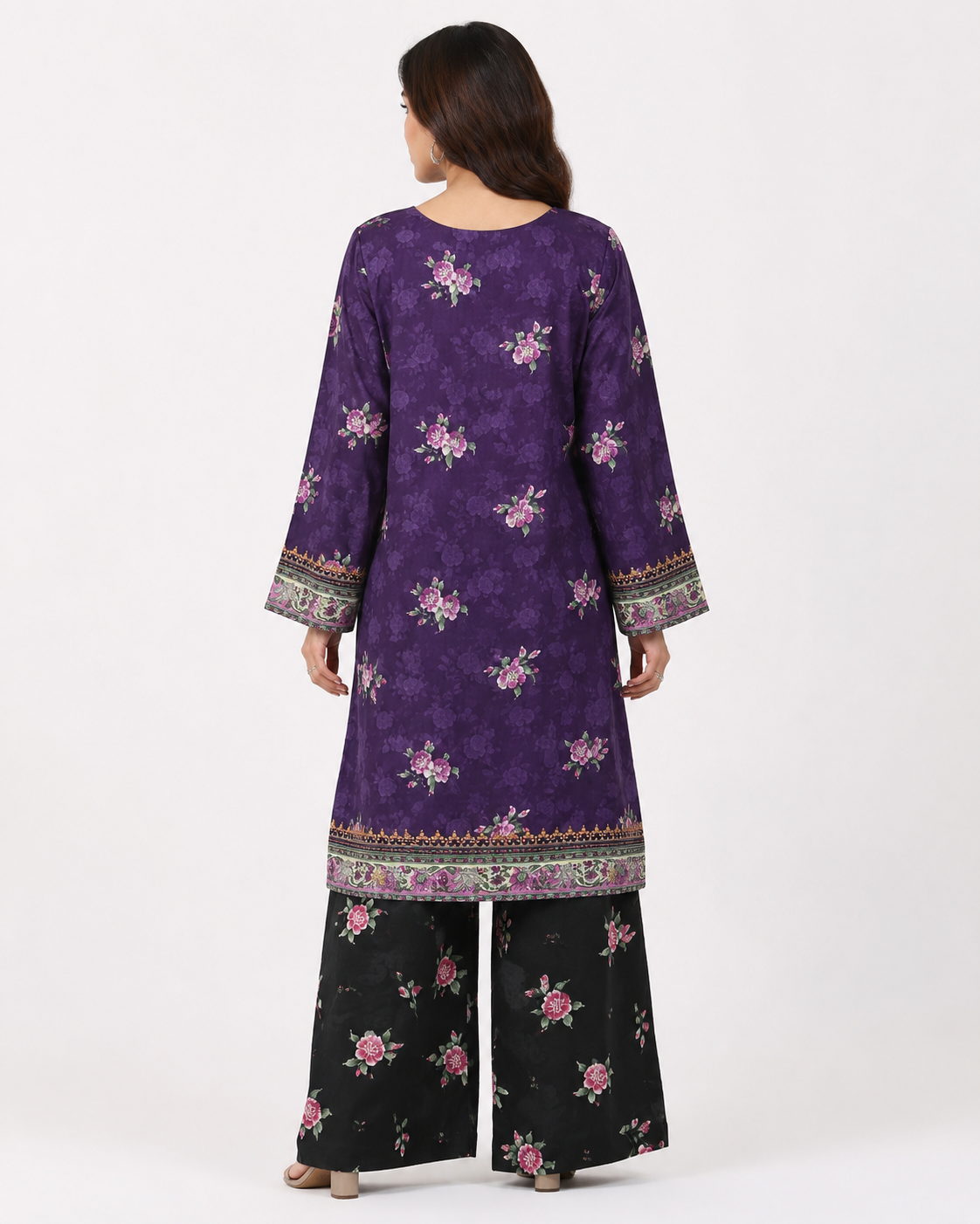 Purple & Black Floral Printed 3-Piece Lawn Suit
