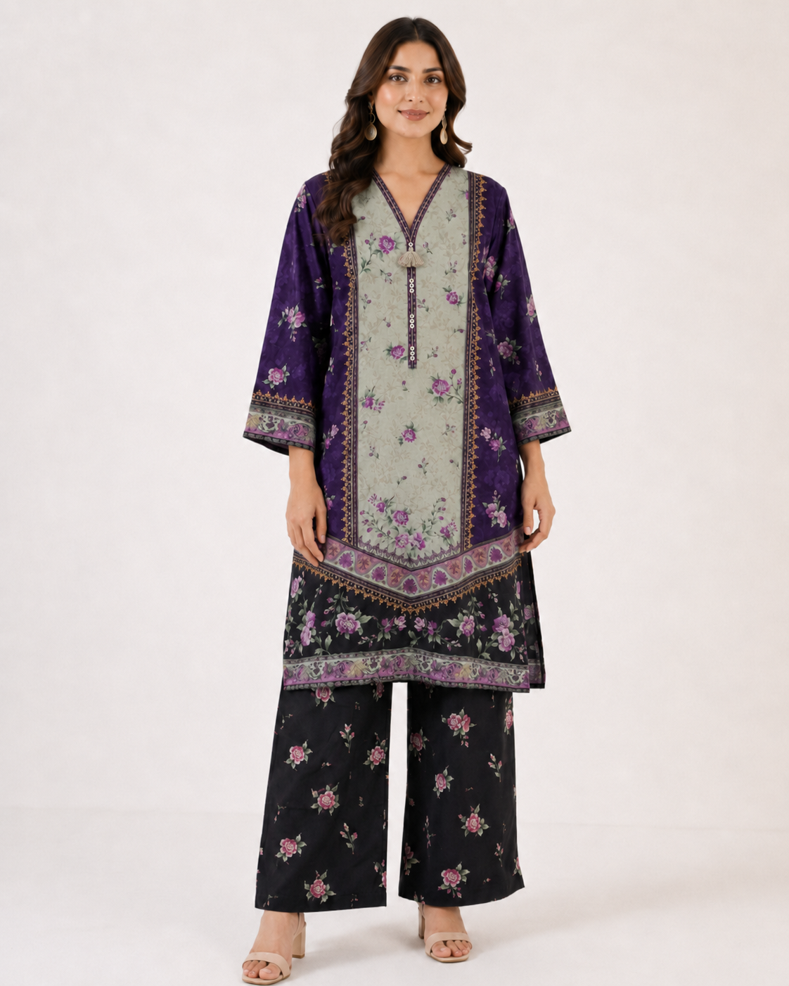 Purple & Black Floral Printed 3-Piece Lawn Suit